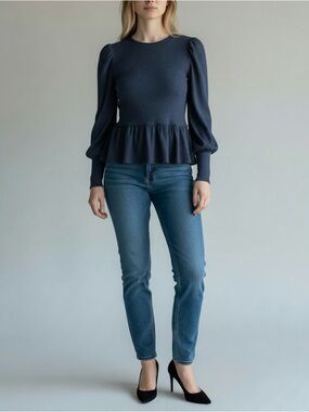 Amour Vert Women’s Morgan Ribbed Peplum Top Size XXS Azure Blue Modal